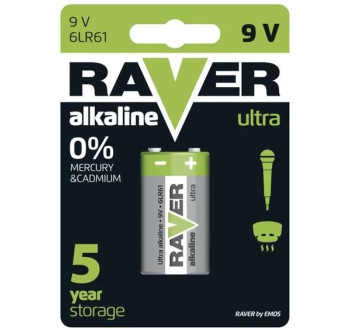 Baterie 6F22 (9V) alkalická RAVER