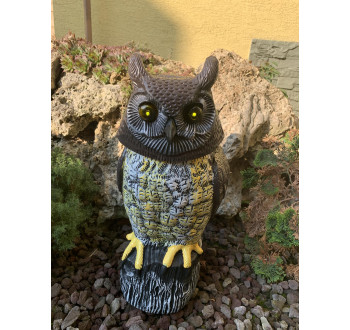 Plašič ptáků Sova, otočná hlava, svítící oči, zvuk, 43cm, solární