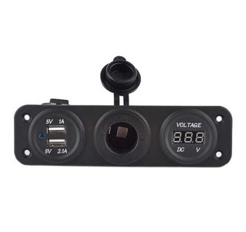 Vodotěsná 12 V zásuvka + USB zásuvka + voltmetr zelený