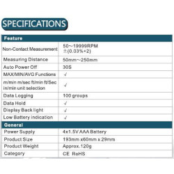 Otáčkoměr bezkontaktní Peakmeter MS6208B