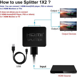 Rozbočovač HDMI 1x IN, 2x OUT, 4k, full HD, 3D, s napájením z USB