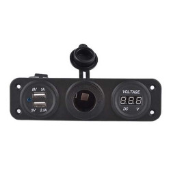 Vodotěsná 12 V zásuvka + USB zásuvka + voltmetr zelený