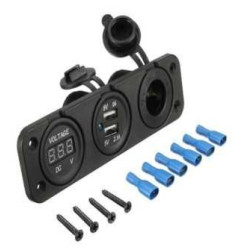 Vodotěsná 12 V zásuvka + USB zásuvka + voltmetr zelený