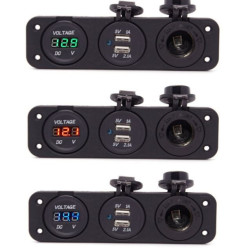 Vodotěsná 12 V zásuvka + USB zásuvka + voltmetr modrý