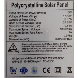 Fotovoltaický solární panel 10W polykrystalický 370x250x17mm