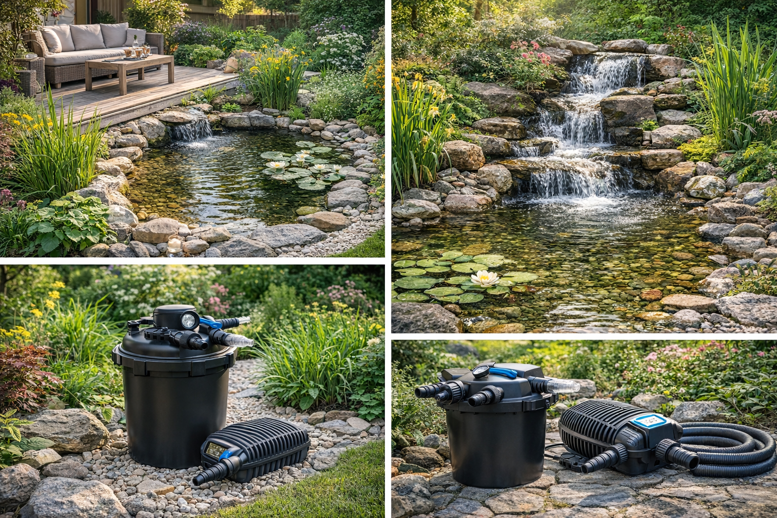 Malé zahradní jezírko u terasy s rostlinami a kameny