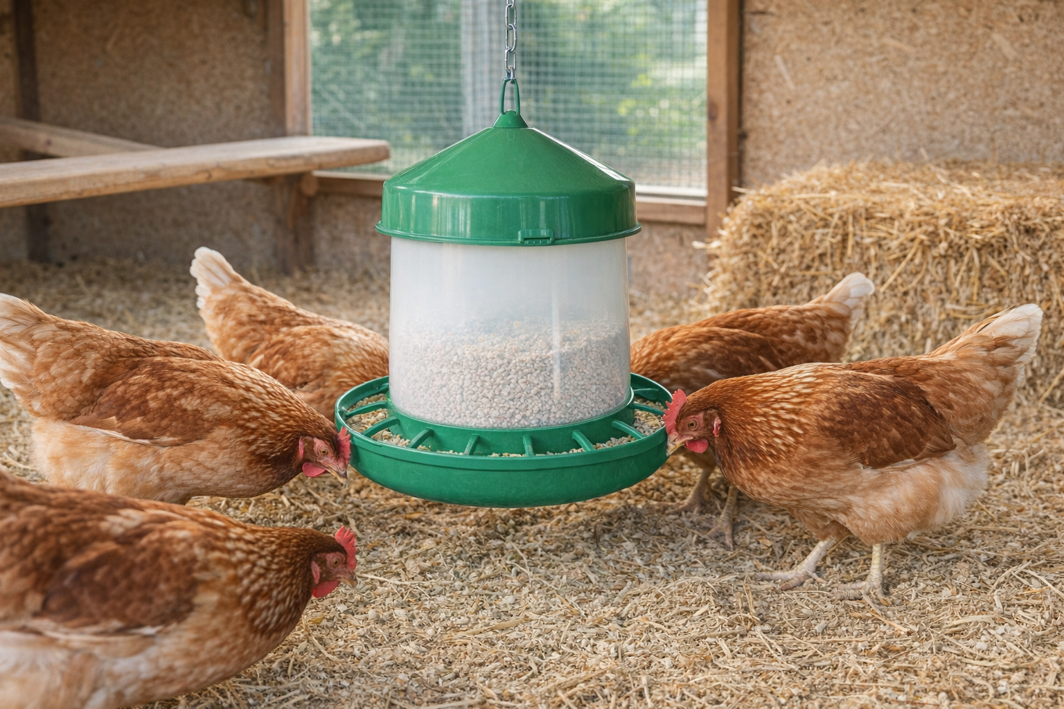 Závěsné krmítko pro slepice v kurníku – úsporné a hygienické řešení