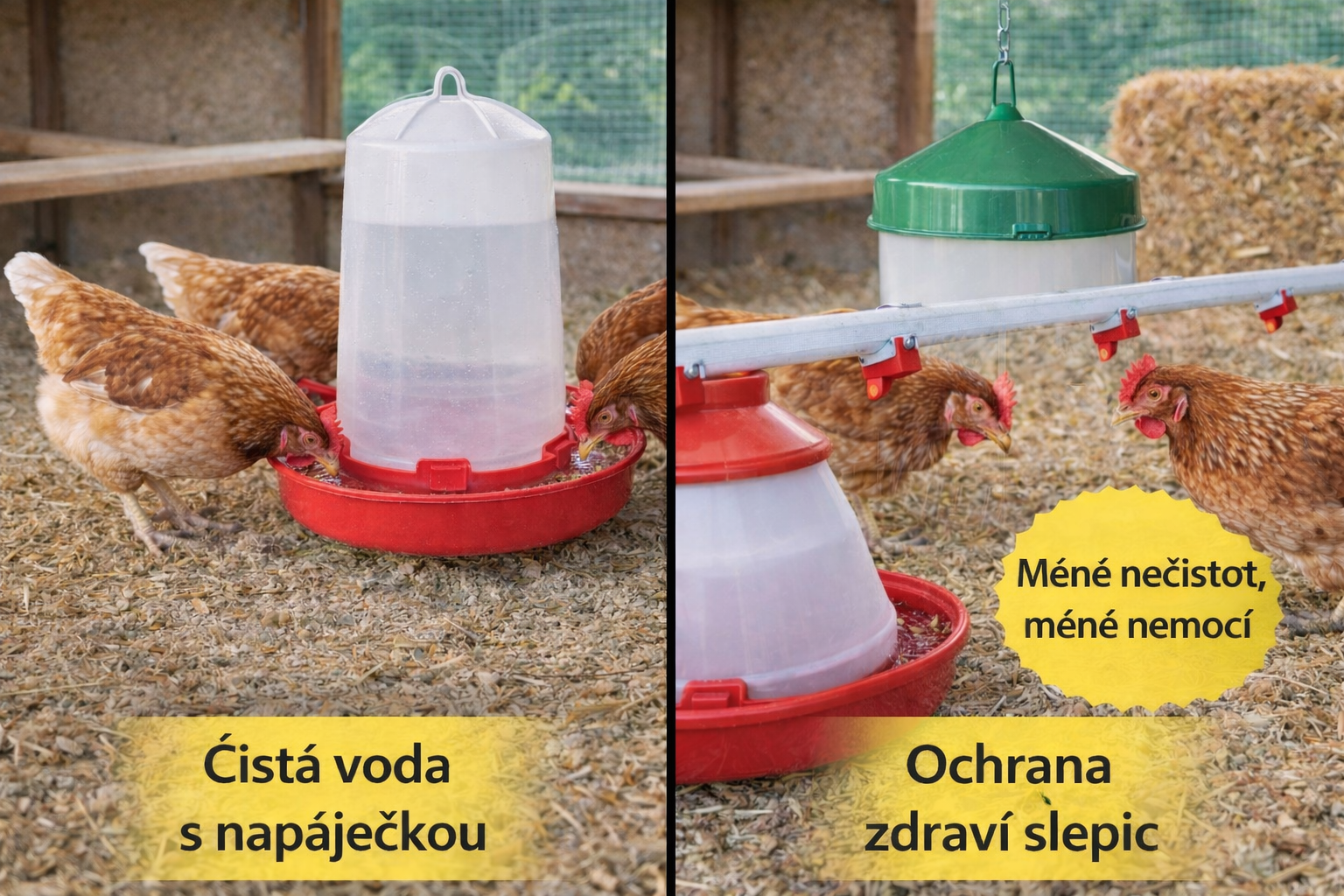Slepice u napáječky v kurníku – správné řešení pro čistou vodu