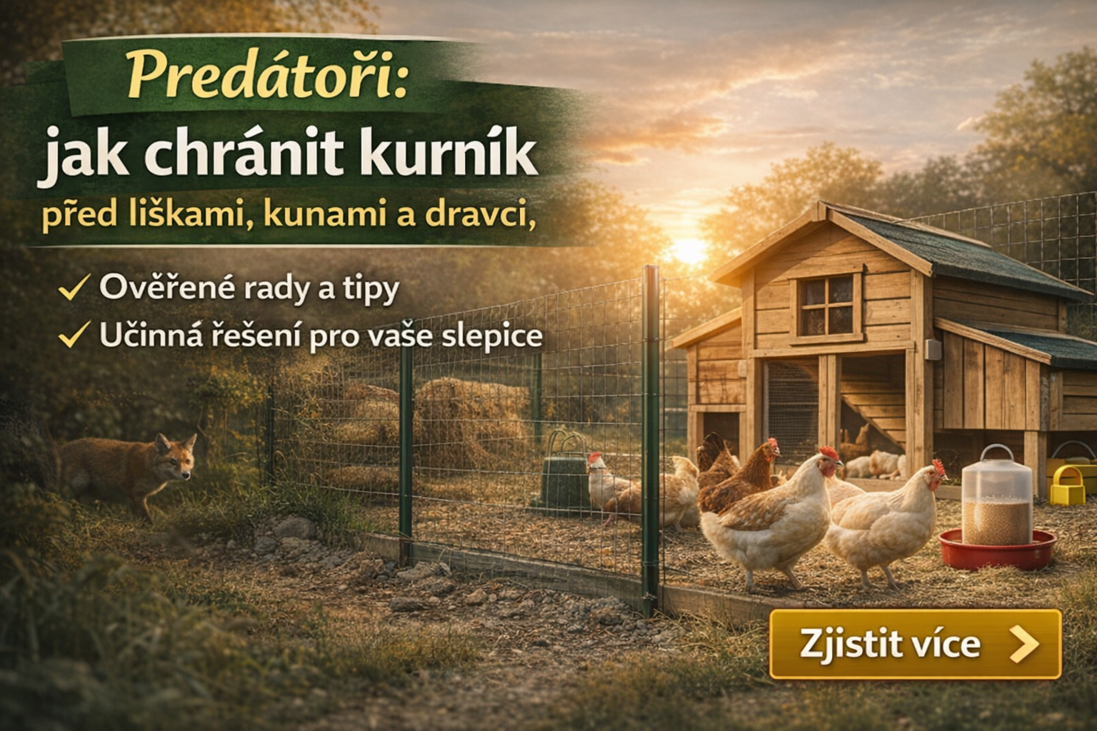 Jak ochránit kurník před predátory – liška u zabezpečeného výběhu slepic