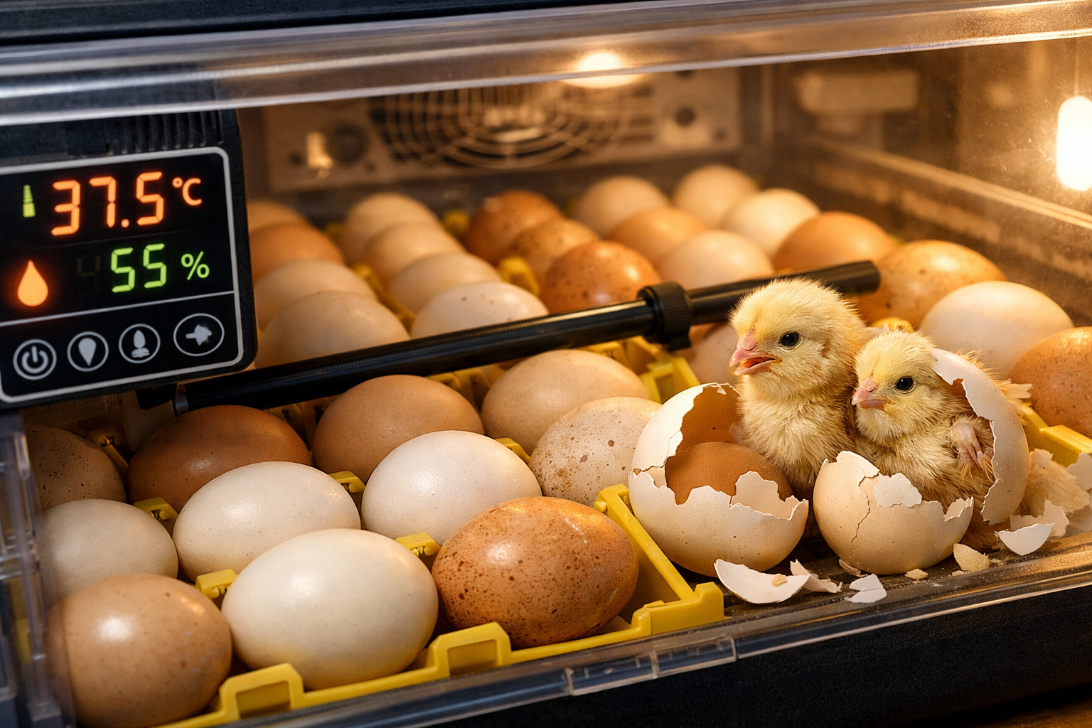 Moderní líheň na vejce s čerstvě vylíhlými kuřaty a kontrolou teploty