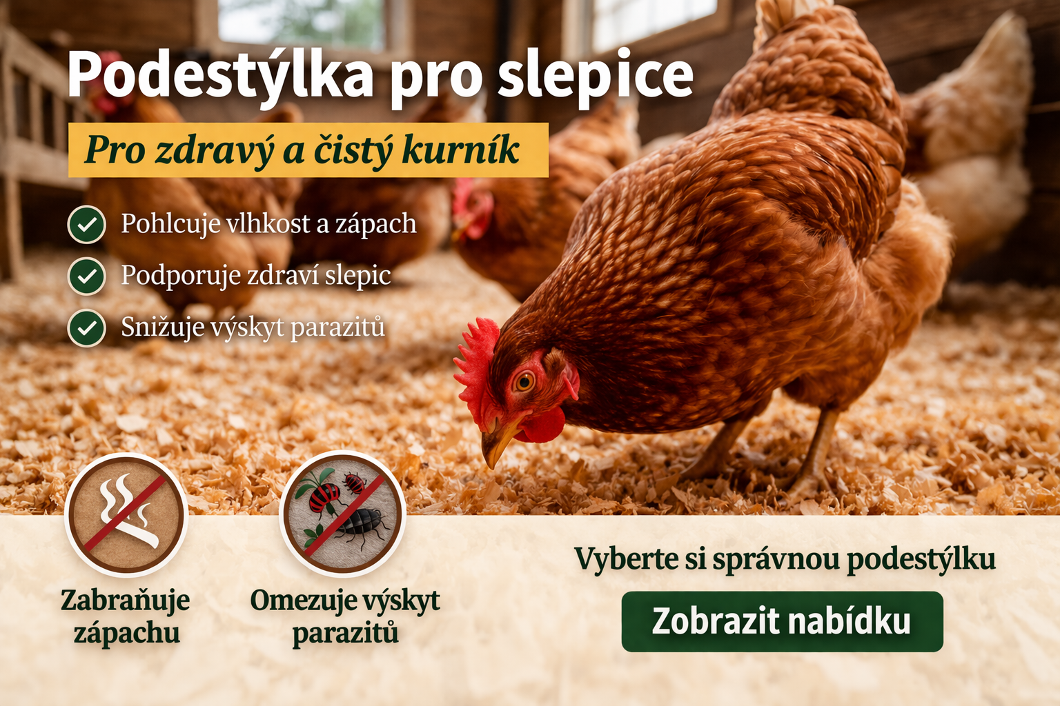 podestýlka pro slepice v kurníku z hoblin – čisté a suché prostředí pro zdravý chov