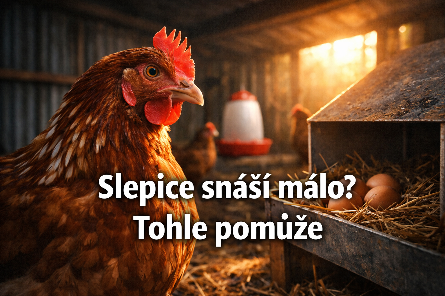 Slepice v kurníku u hnízda s vejci – řešení pro nízkou snášku slepic