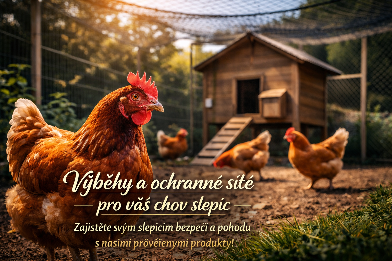 Výběhy a ochranné sítě pro slepice ve venkovním výběhu s kurníkem, bezpečné řešení chovu drůbeže