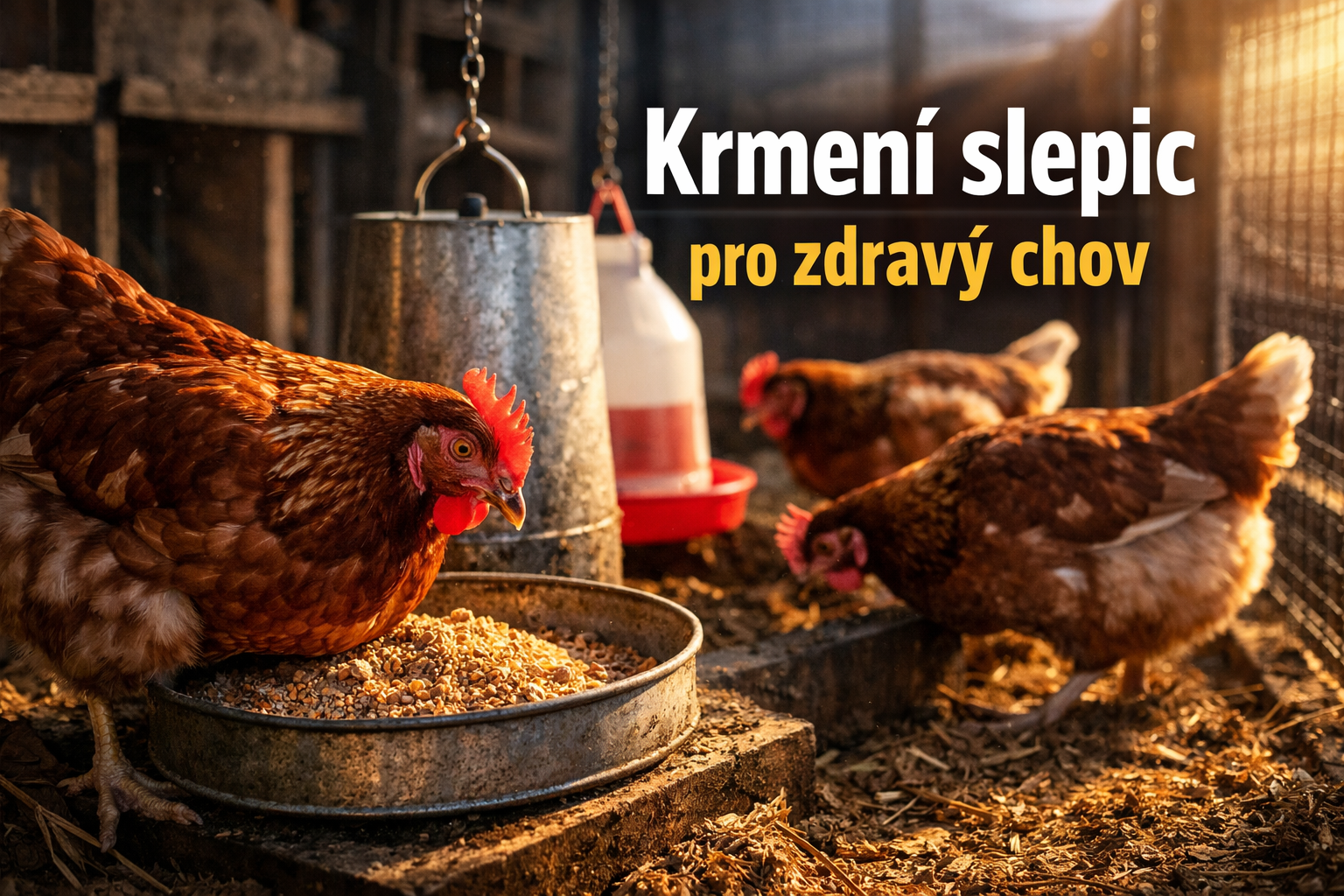 Slepice u krmítka v kurníku při správném krmení pro zdravý chov