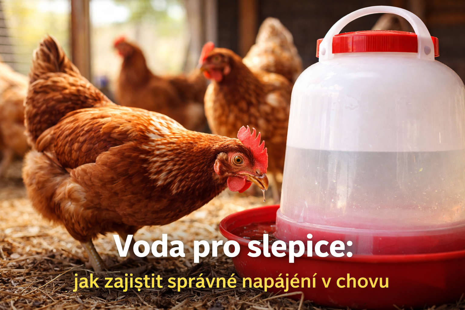 Slepice pije z napáječky v kurníku, správné napájení slepic pro zdravý chov
