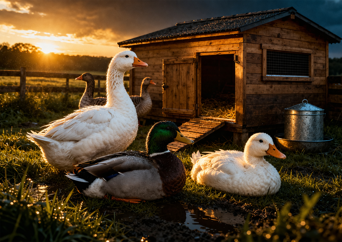 Kachníky a husníky ve venkovním chovu, kachny a husy u dřevěného přístřešku na farmě při západu slunce