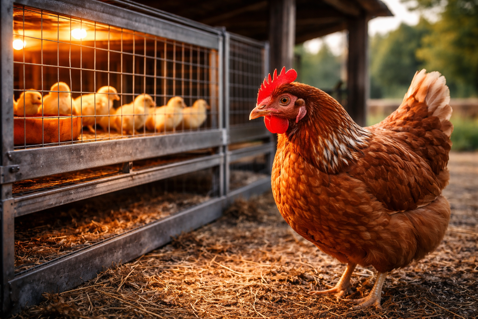 Klec pro odchov drůbeže s kuřaty pod vyhřívací lampou a slepicí v kurníku