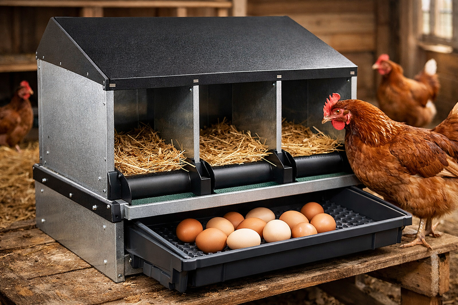Snášková hnízda pro slepice s automatickým sběrem vajec v kurníku, detail moderního rollaway hnízda s vejci