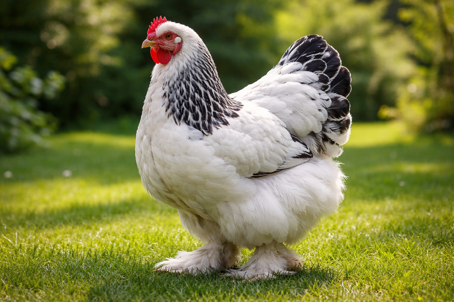 Slepice plemene Brahmánka stojící na zelené trávě v přirozeném prostředí