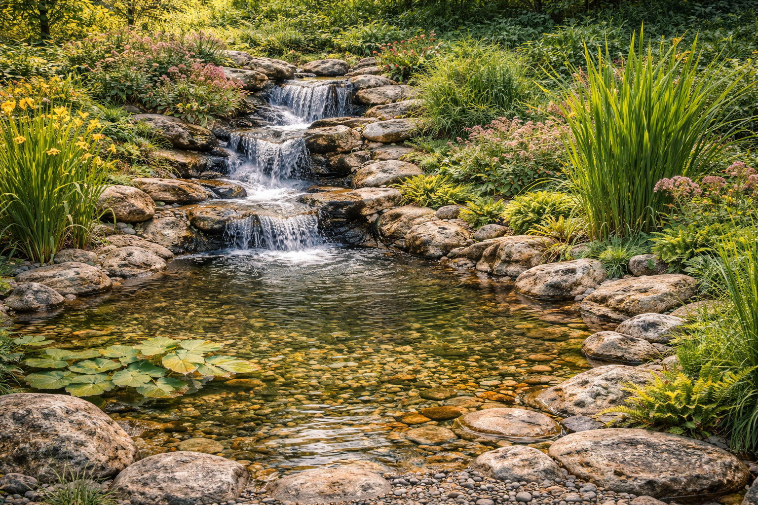 Zahradní jezírko s vodopádem, kameny a vodními rostlinami v přírodní zahradě