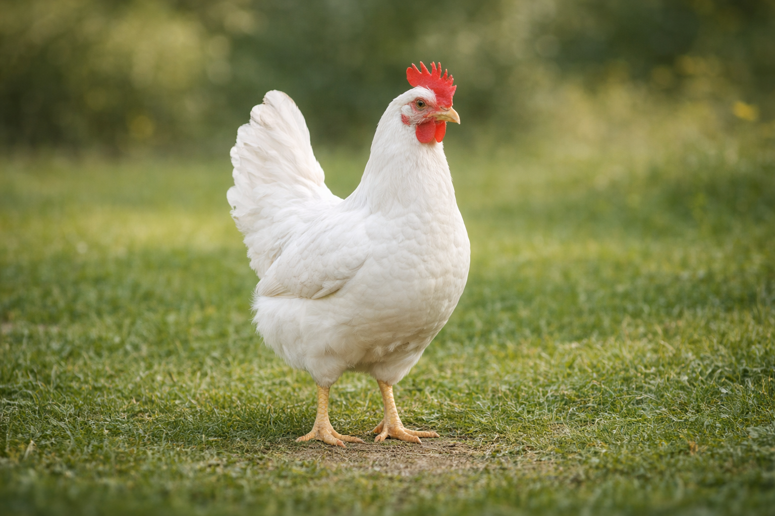 Leghornka – bílé nosné plemeno slepice stojící na trávě vhodné pro chov vajec