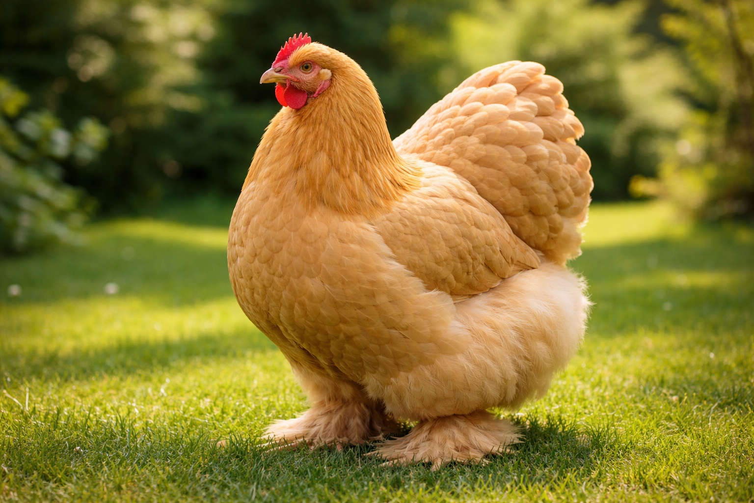 Slepice plemene Kochinka s hustým nadýchaným peřím a opeřenýma nohama