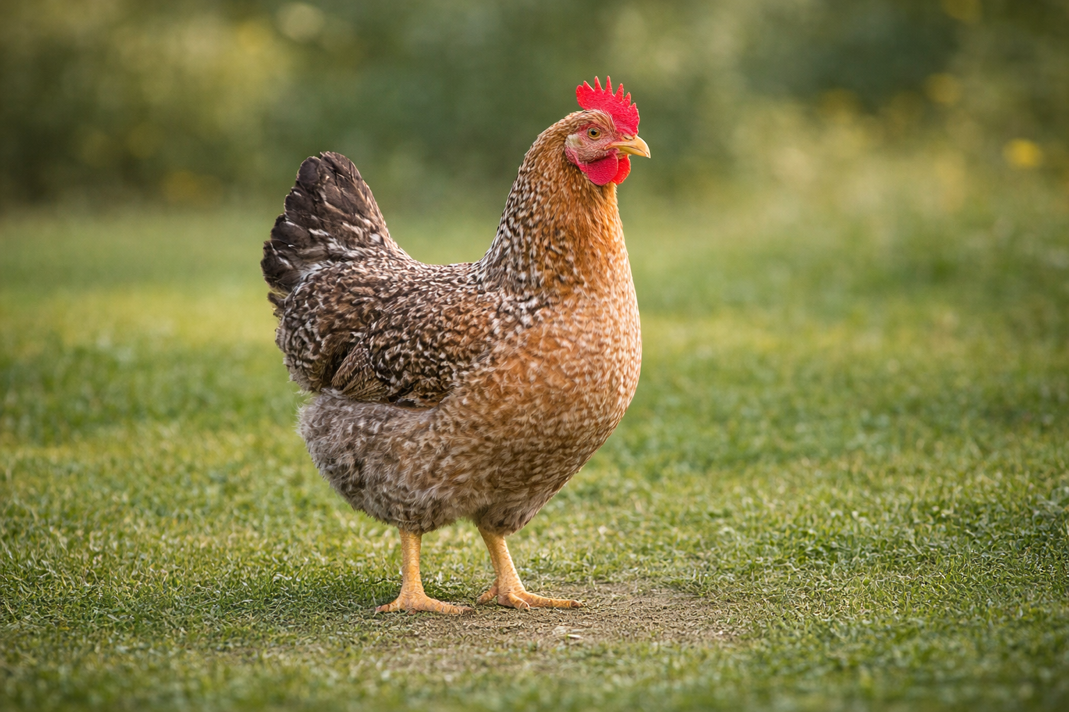 Slepice Dominant – oblíbené plemeno pro domácí chov stojící na trávě