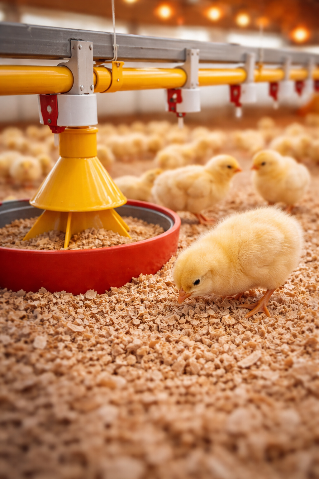 Kuřata v odchovně u krmítka a napáječky na podestýlce