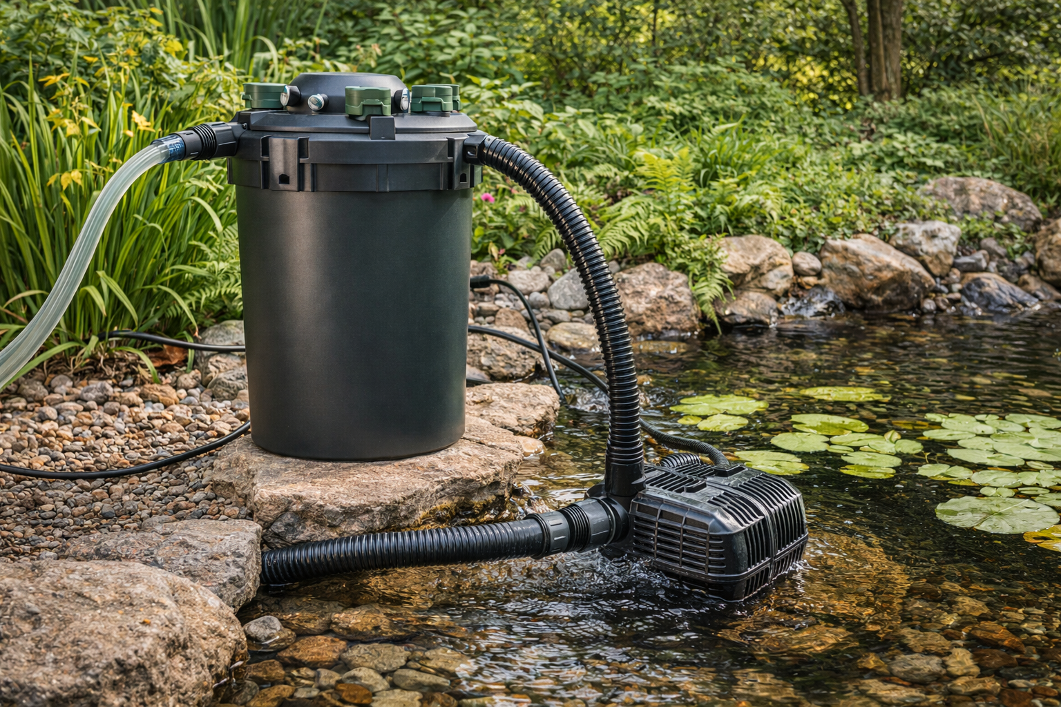Filtrační systém a čerpadlo pro zahradní jezírko instalované u vody