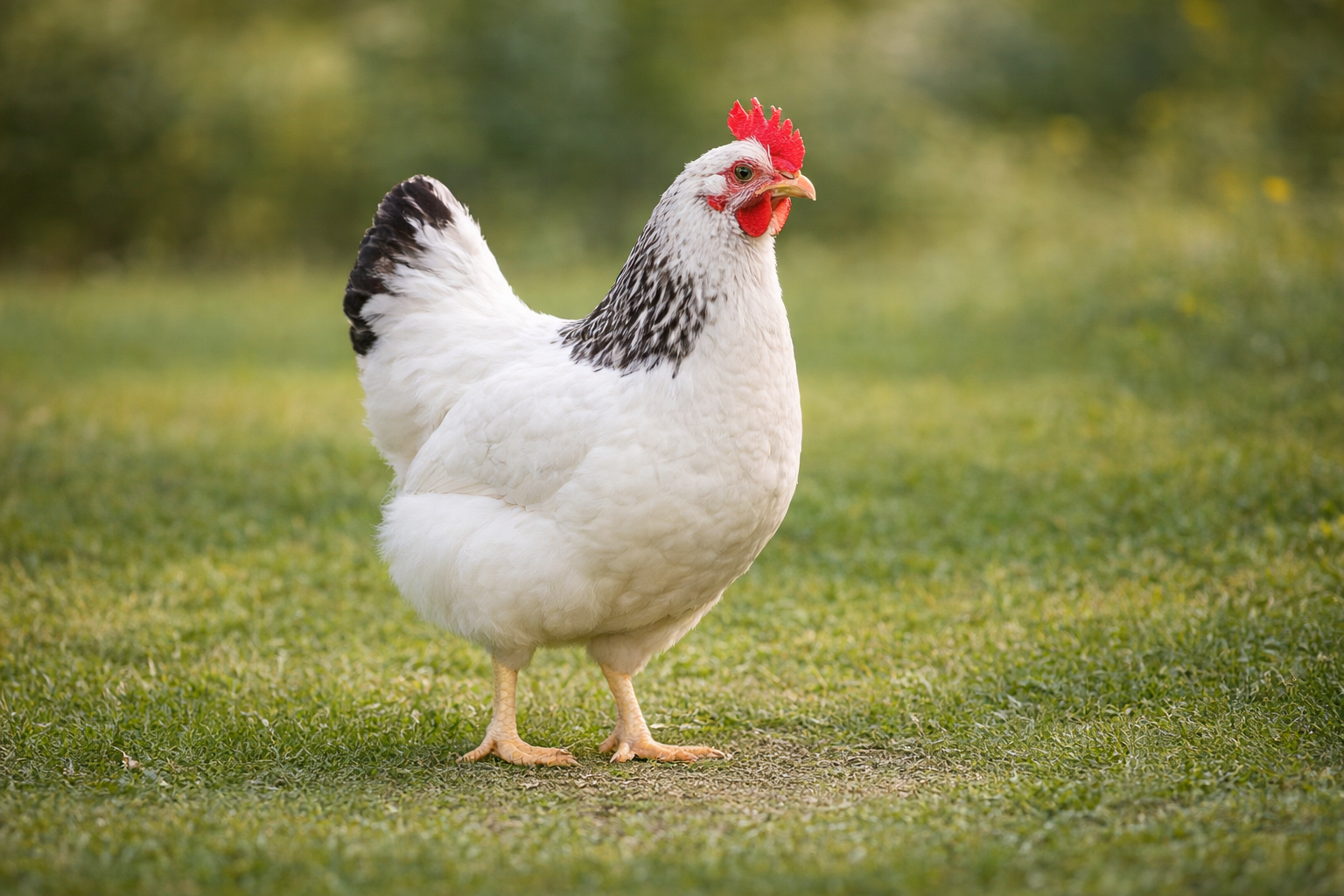 Sussexka – klidné plemeno slepice stojící na trávě vhodné pro domácí chov