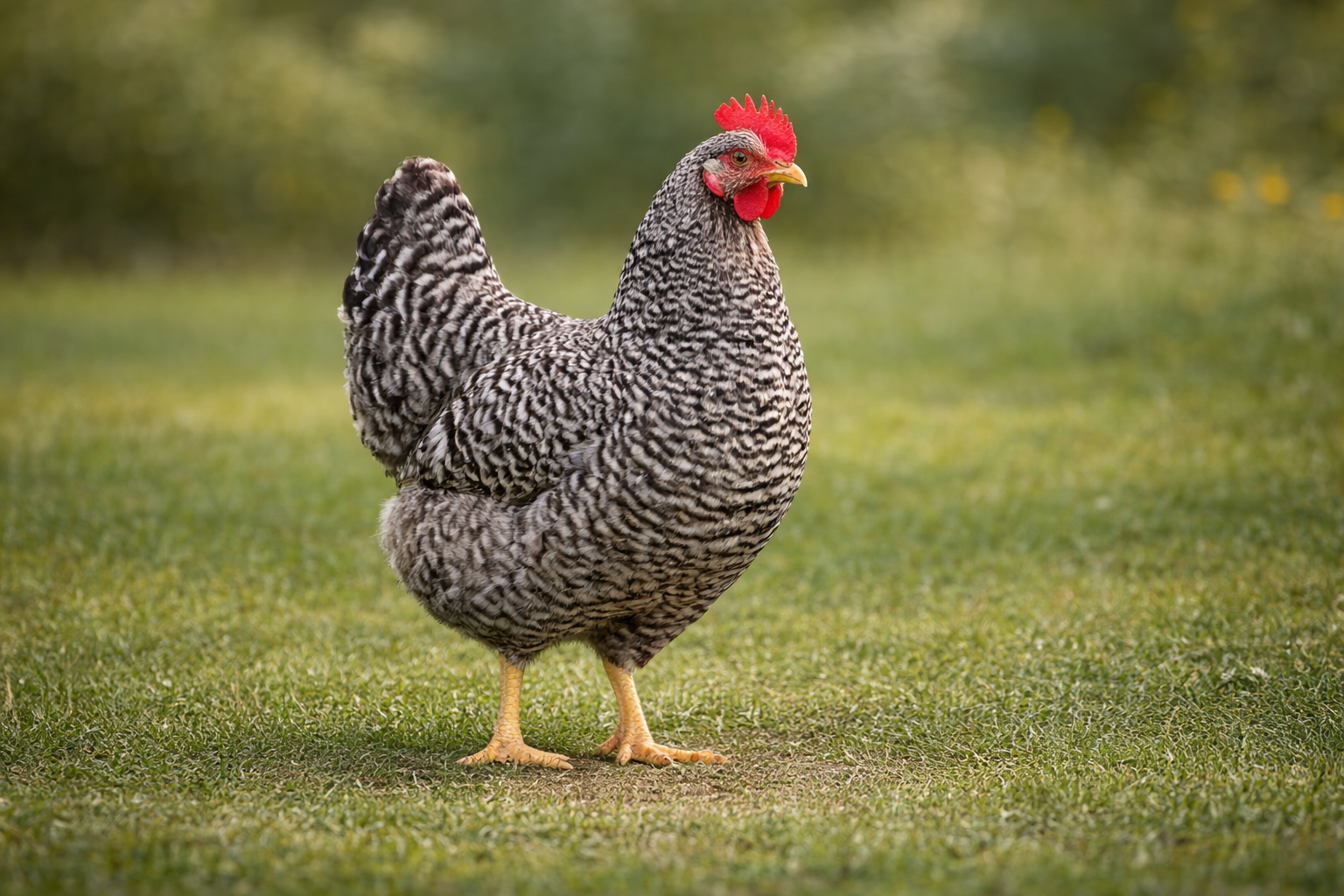 Plymutka – pruhované plemeno slepice stojící na trávě vhodné pro domácí chov