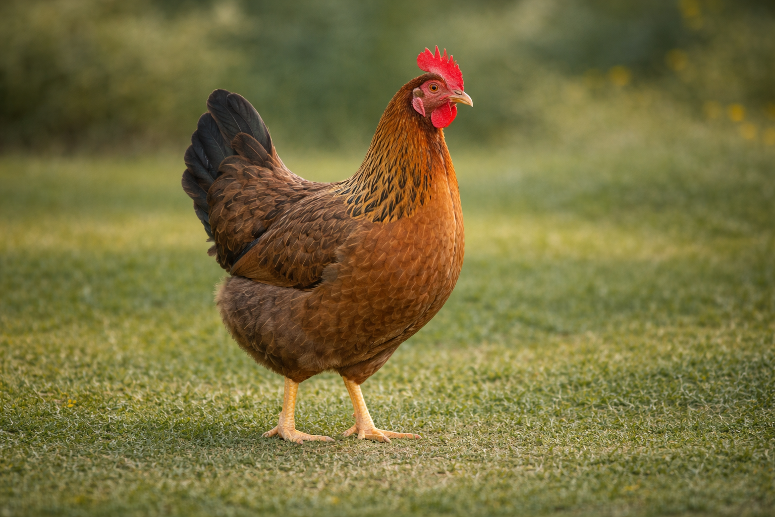 Vlaška – aktivní plemeno slepice stojící na trávě vhodné pro domácí chov